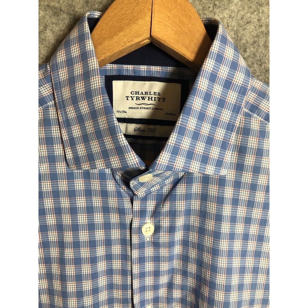 Charles Tyrwhitt Dress Shirt Mens 15.5 35 Blue Check Slim Fit Career Classic